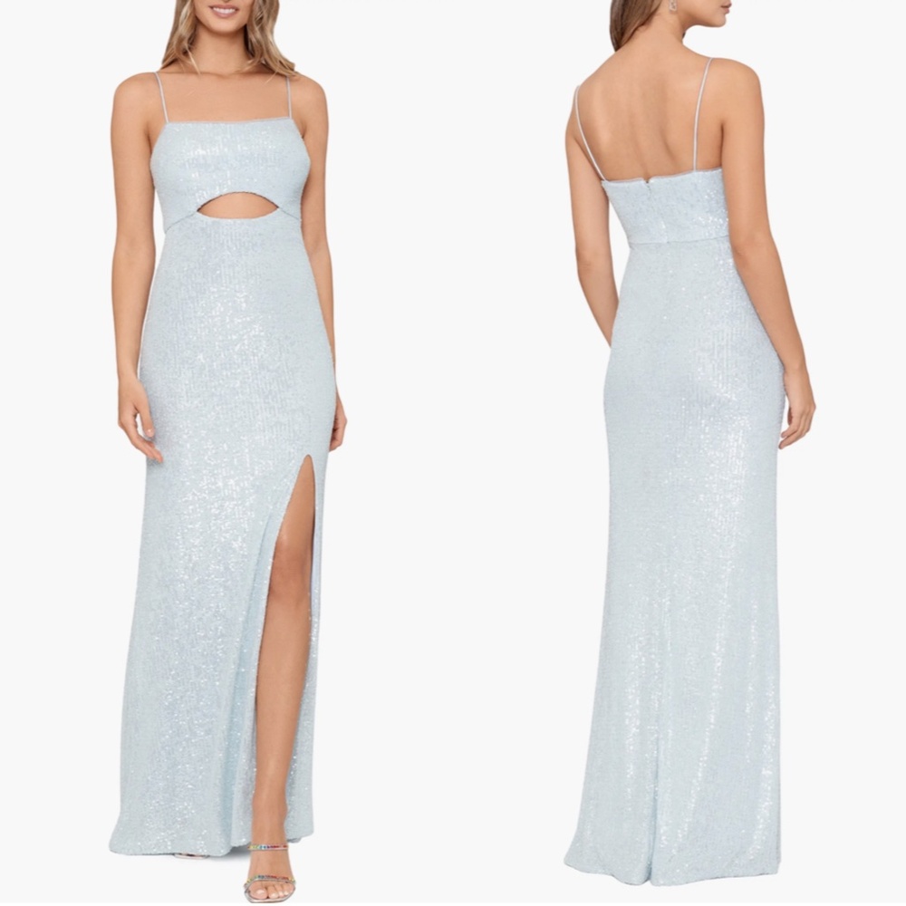 NEW XSCAPE  Light Blue SEQUIN Cutout SPARKLY Evening Dress COLUMN Party GOWN
